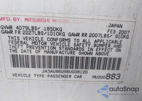 2008 Mitsubishi Lancer Gts z USA, uszkodzony, nr VIN JA3AU86U98U008120